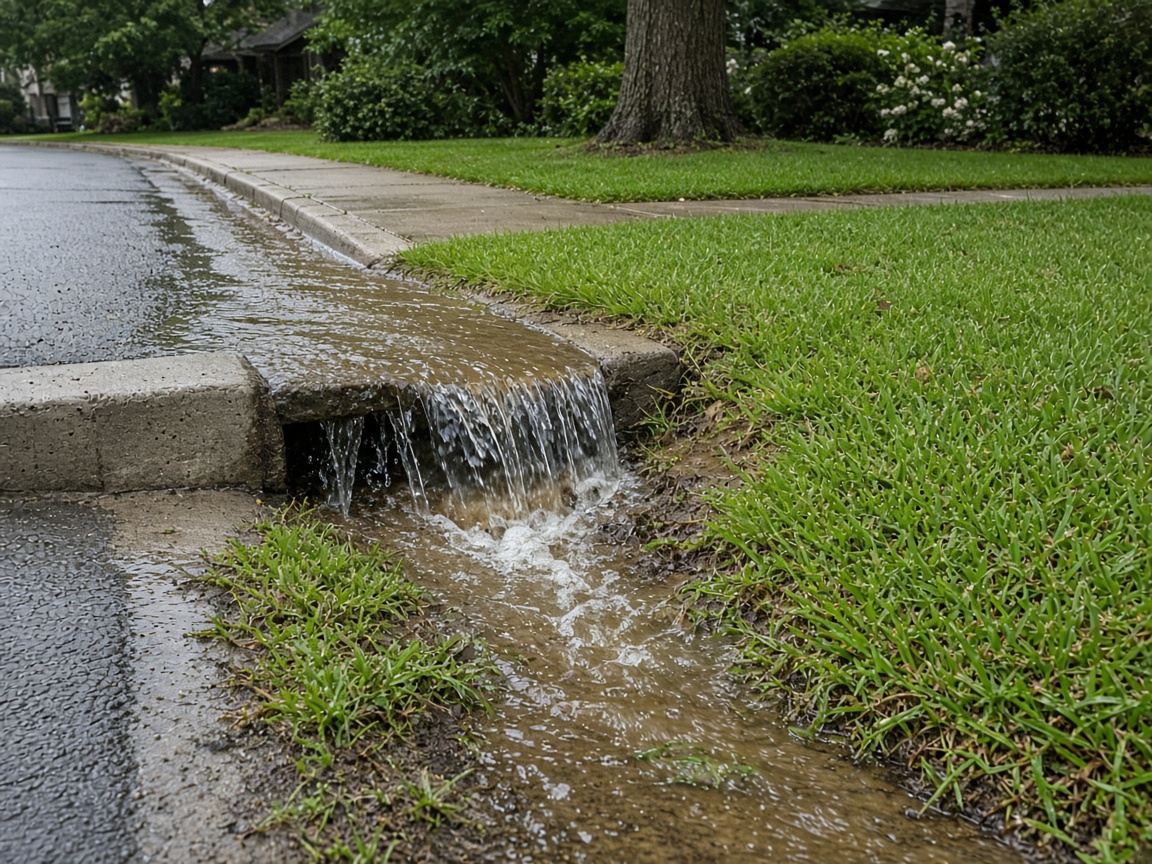 Stormwater overflowing a suburban curb inlet onto a lawn