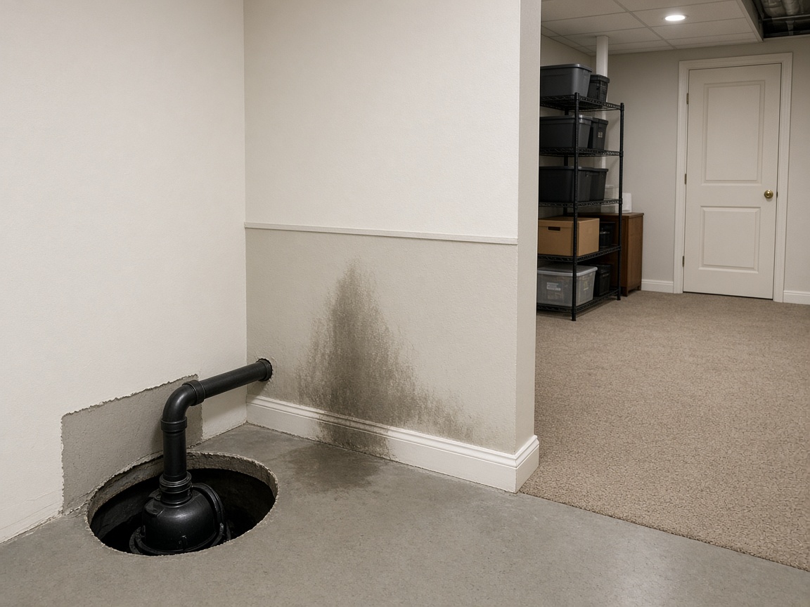 Finished basement with a sump pump and a recent water stain