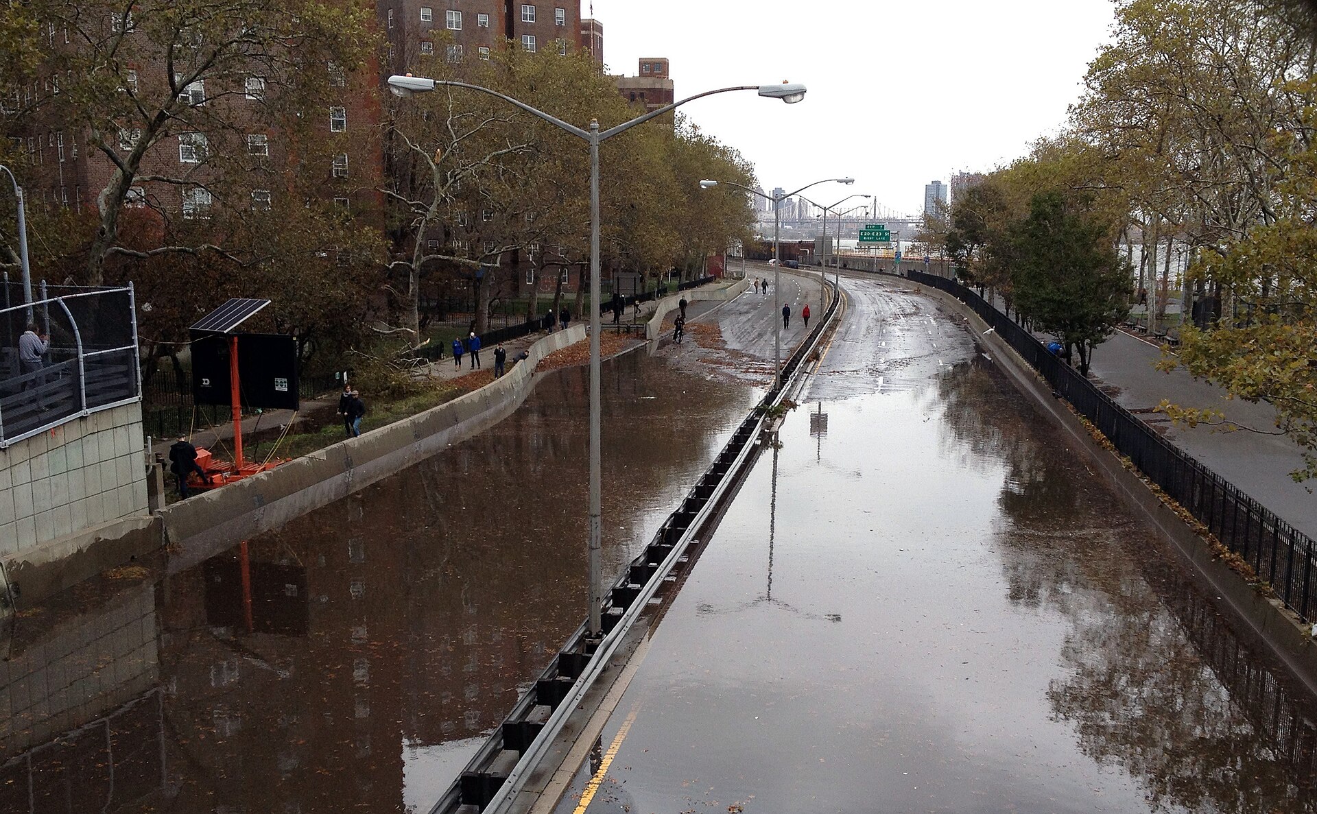 Flooded FDR Drive highway in New York City after Hurricane Sandy