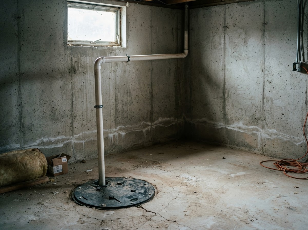 Unfinished basement concrete wall showing faint water lines and an installed sump pump.
