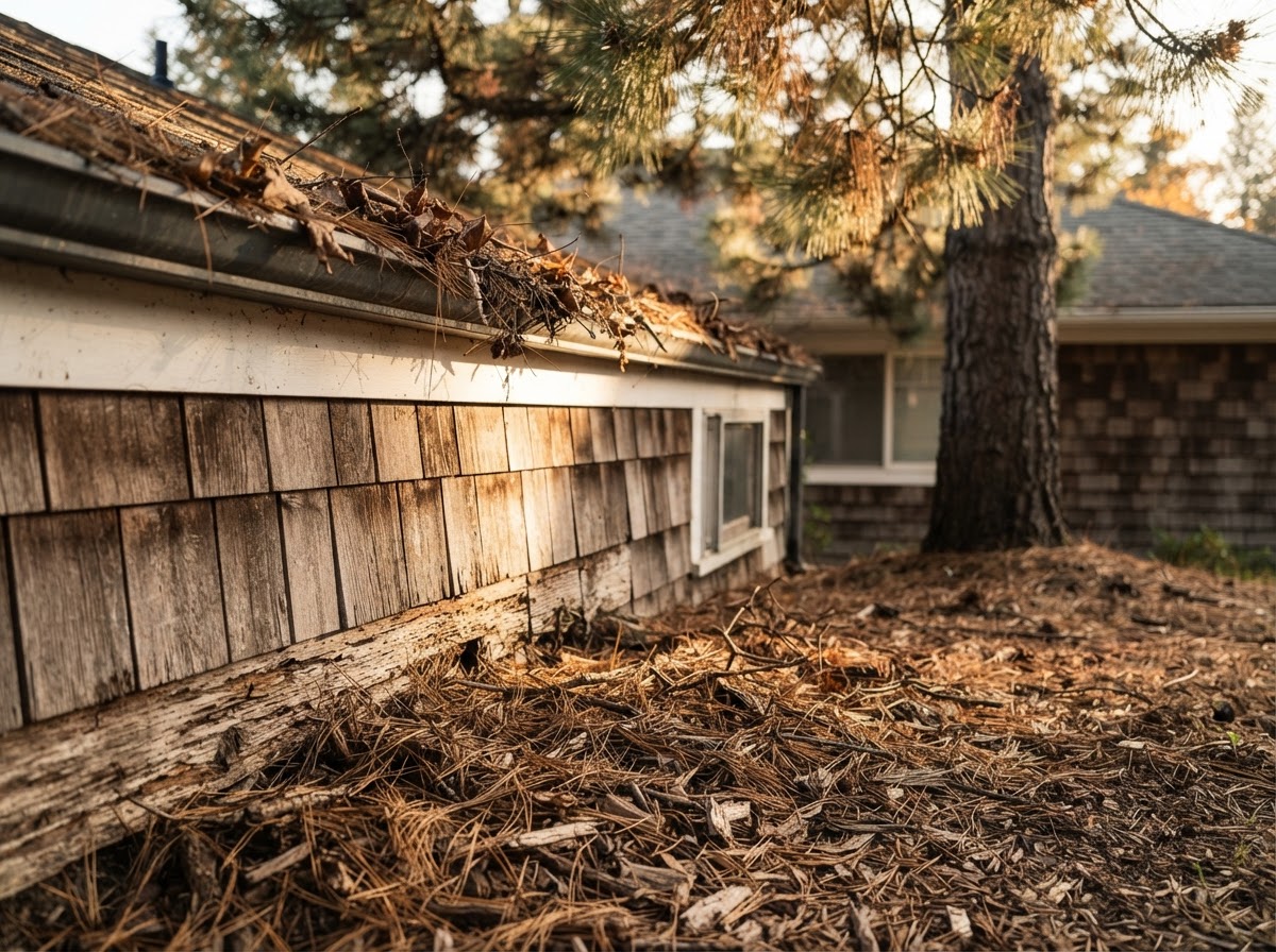 Dry landscaping mulch banked against house siding with dense pine trees growing close to the roof eaves.