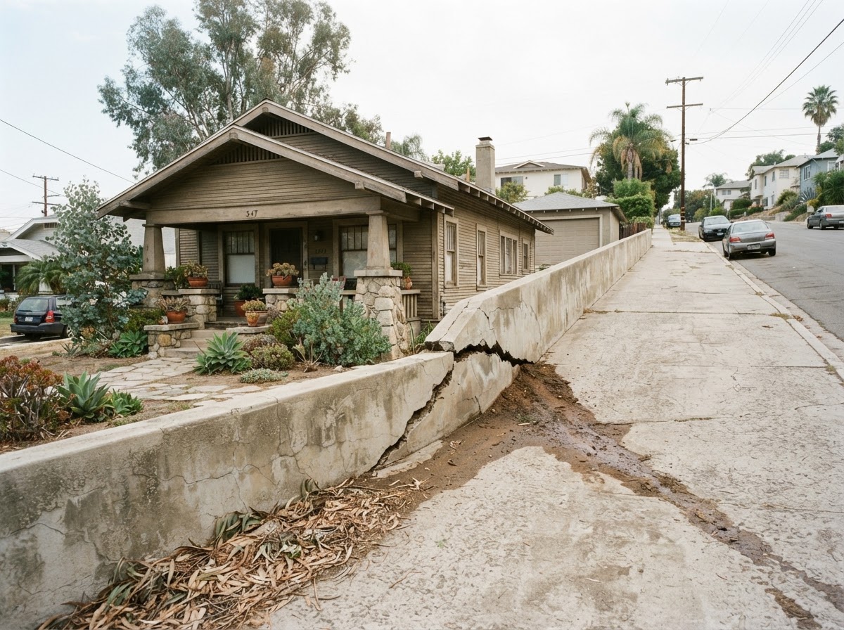 A cracked concrete retaining wall bulging outward alongside a residential driveway on a sloped lot.