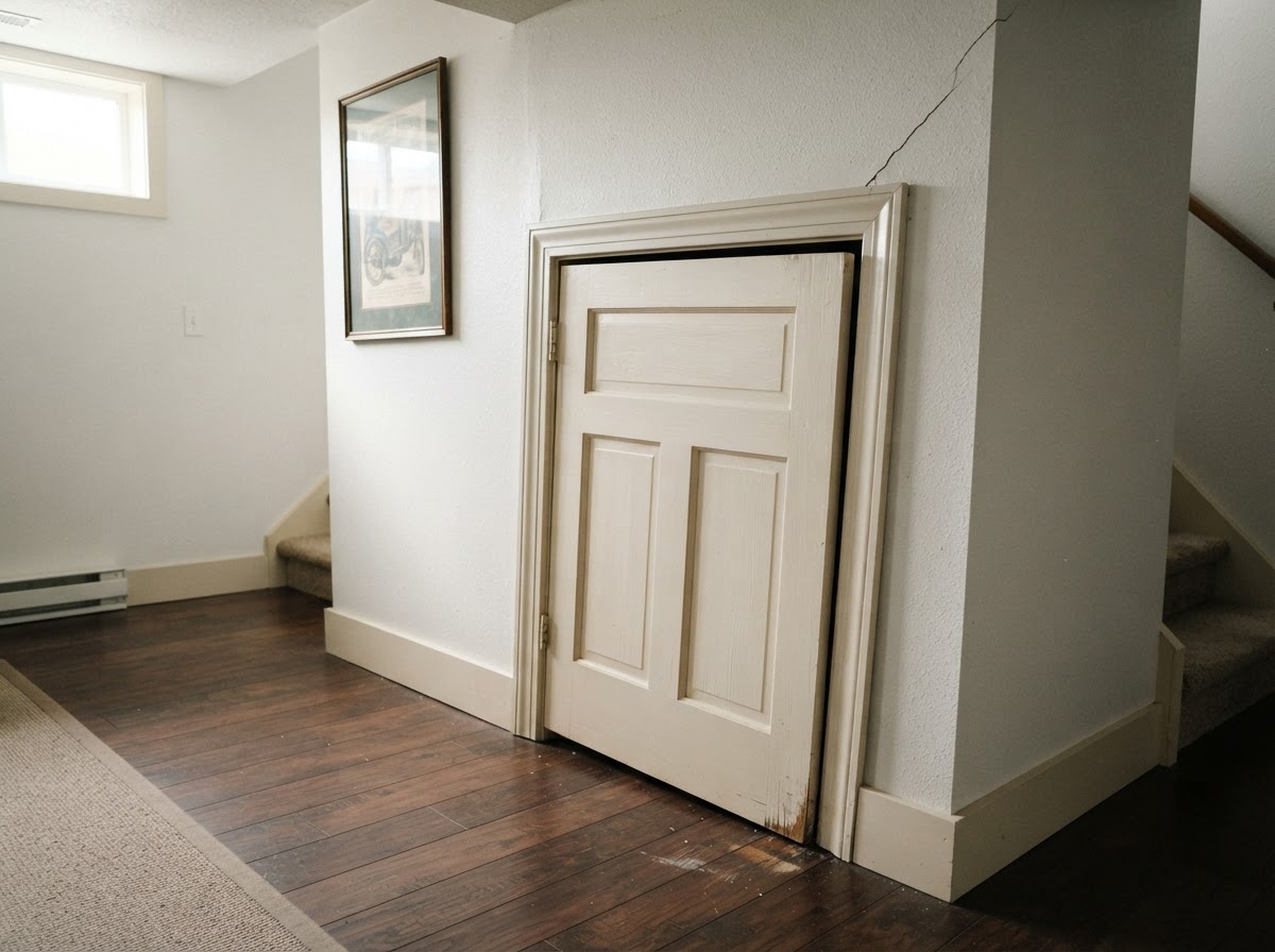 An interior door jamming in an out-of-square frame with diagonal drywall cracks above the trim.