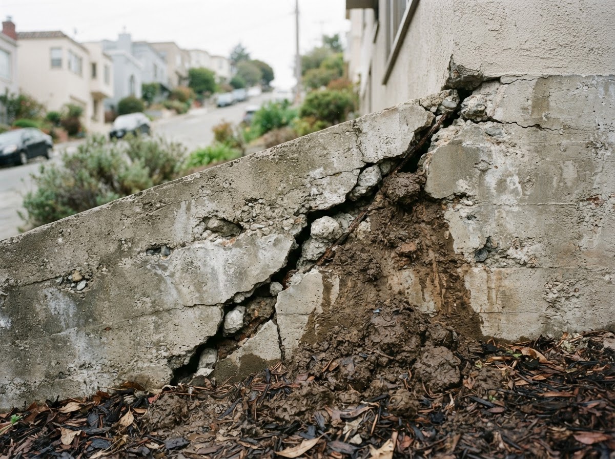 Diagonal structural crack splitting a poured concrete home foundation wall near an exterior soil line.