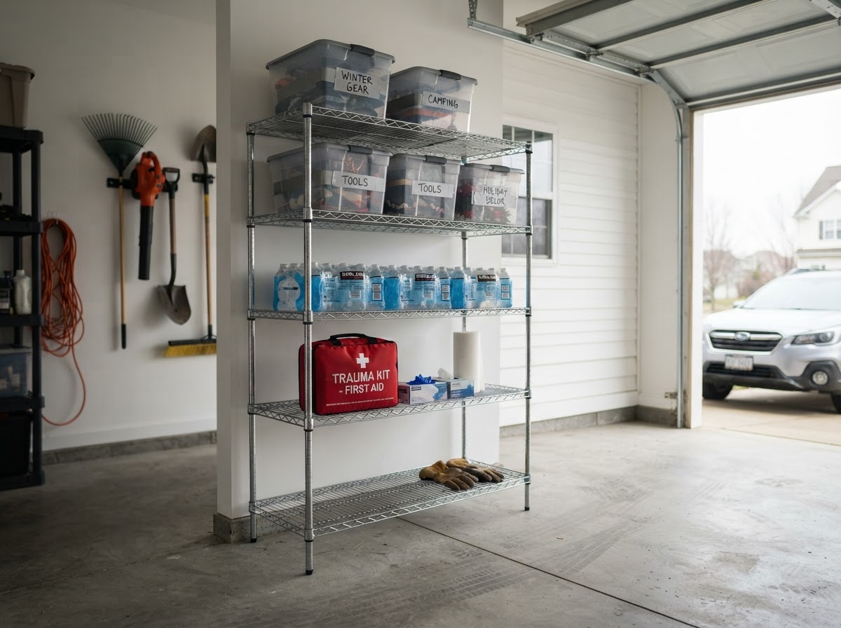 Heavy duty shelving in a residential garage holding clear plastic storage bins and stacked drinking water for emergency preparedness.