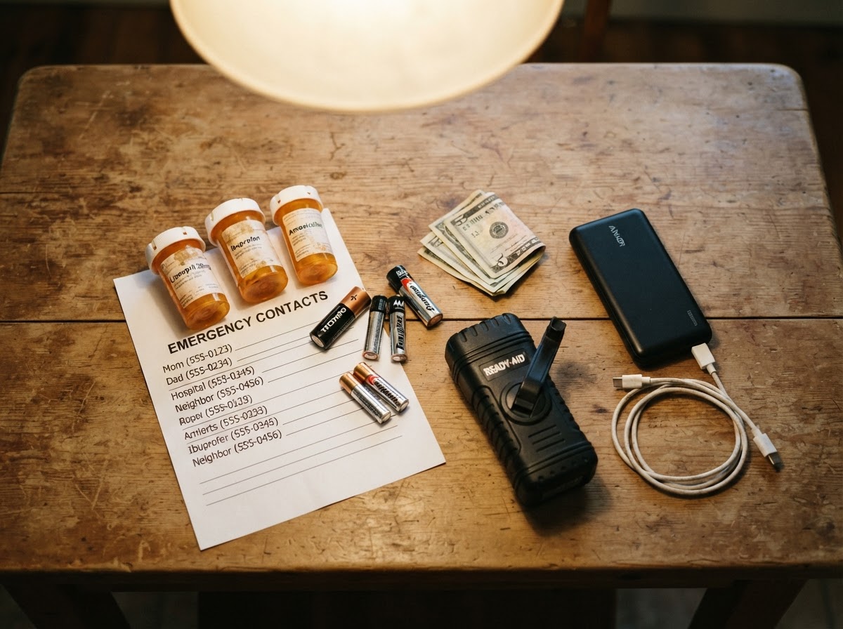 Critical disaster supplies spread on a table including prescription medication, small bills, batteries, and a hand-crank radio.