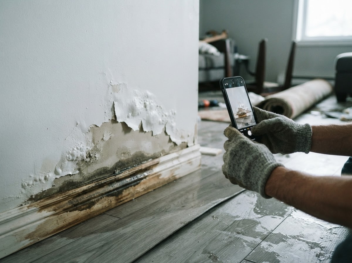 Homeowner taking photo documentation of water line damage on drywall with a smartphone.