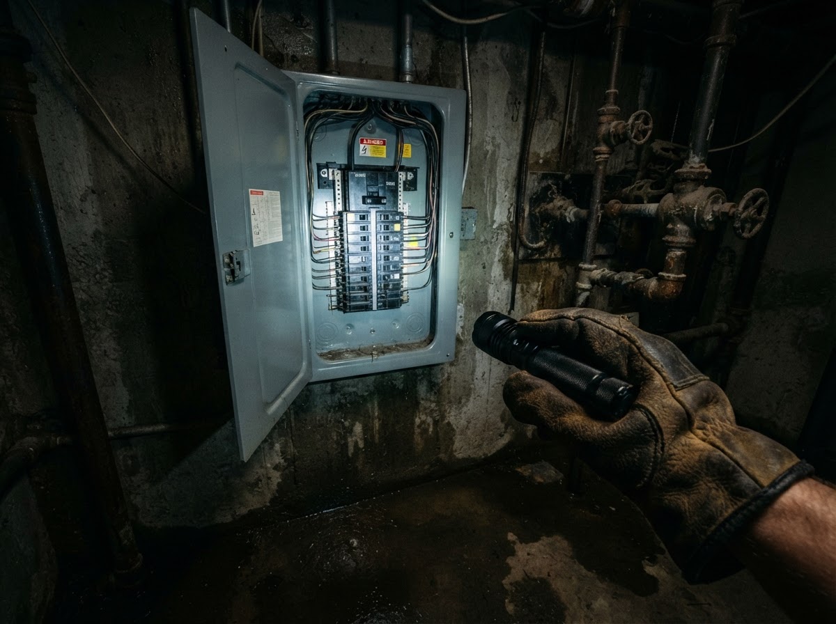 Heavy work glove shutting off the main electrical breaker switch on an open panel after household flooding.