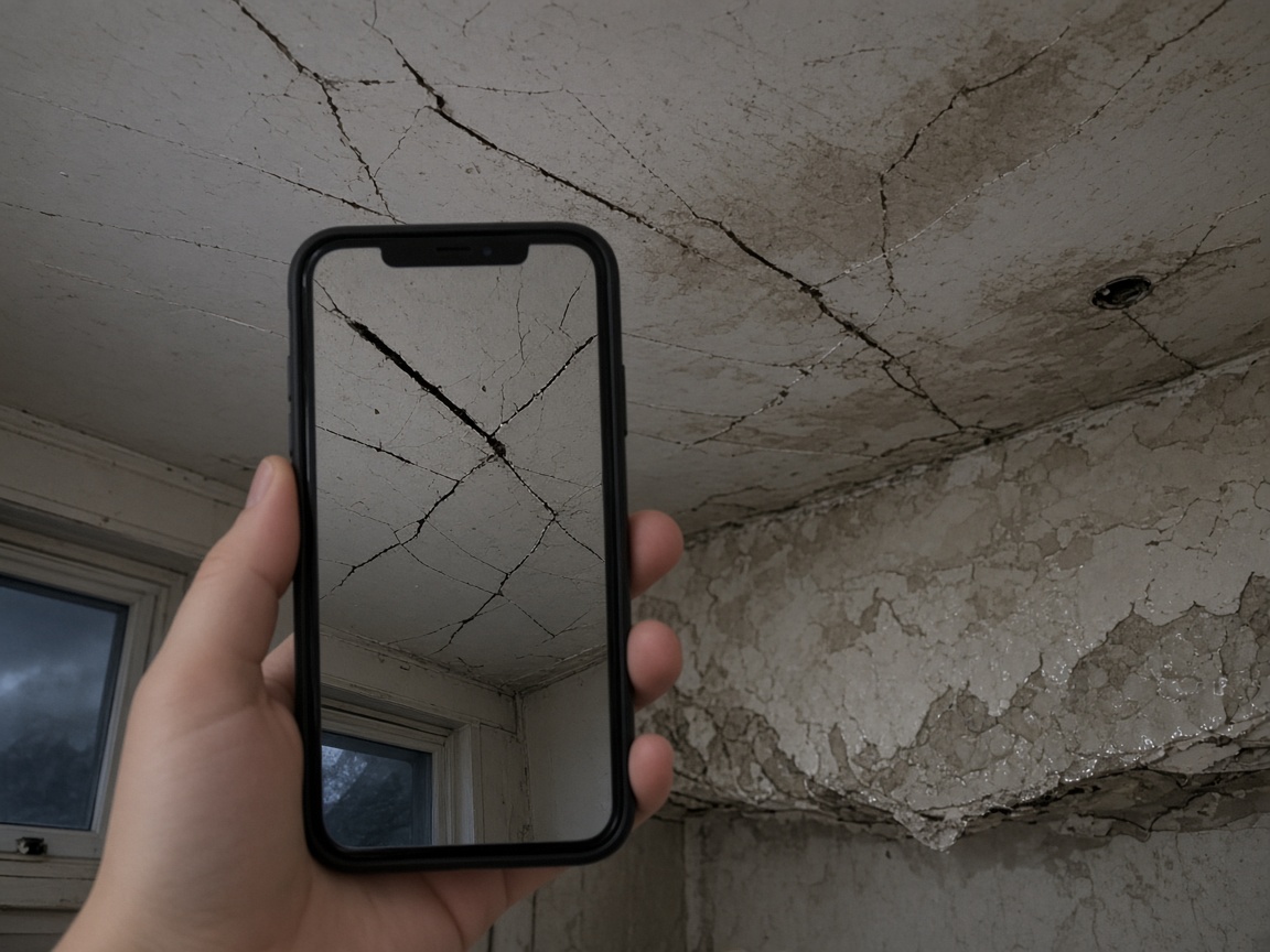 Smartphone photographing a cracked ceiling and wet drywall after a storm