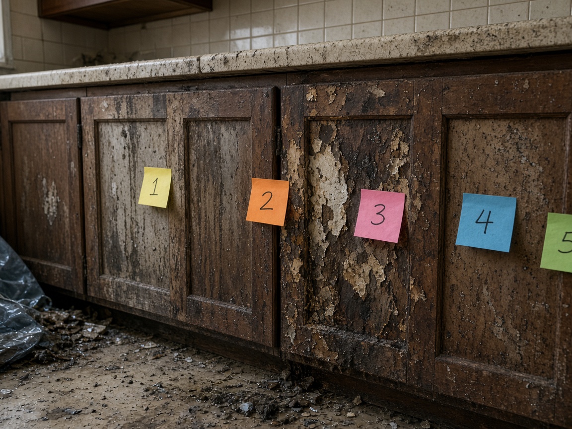 Numbered notes marking damaged kitchen cabinets after a hurricane