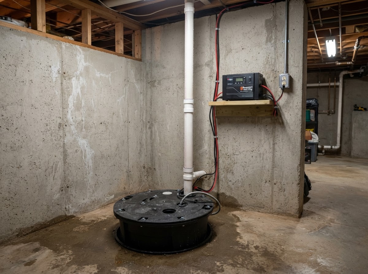 Submersible sump pump installed in a basement concrete floor basin with a battery backup system mounted nearby.