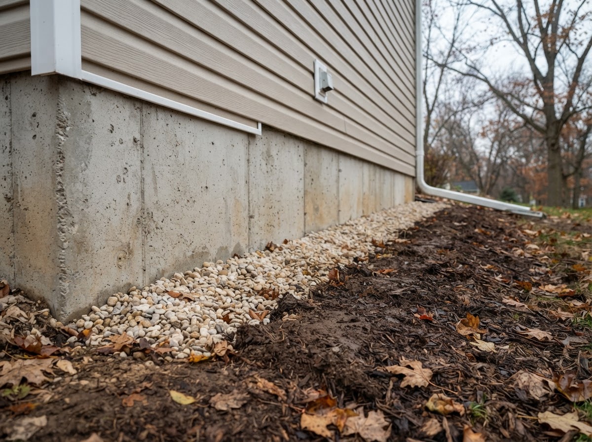 Soil graded away from a residential concrete foundation wall to improve surface drainage around a home.