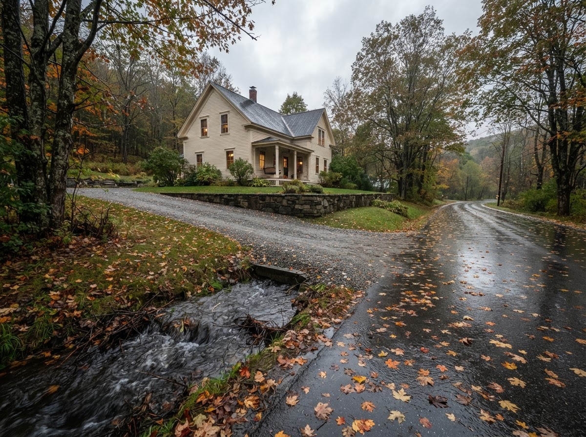 Rural New England farmhouse positioned safely on elevated ground above a roadside ditch filled with rainwater.