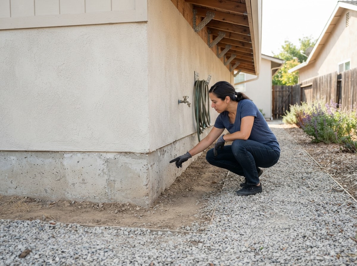 Close inspection of a residential concrete foundation showing cleared gravel ground and defensible space against fire.