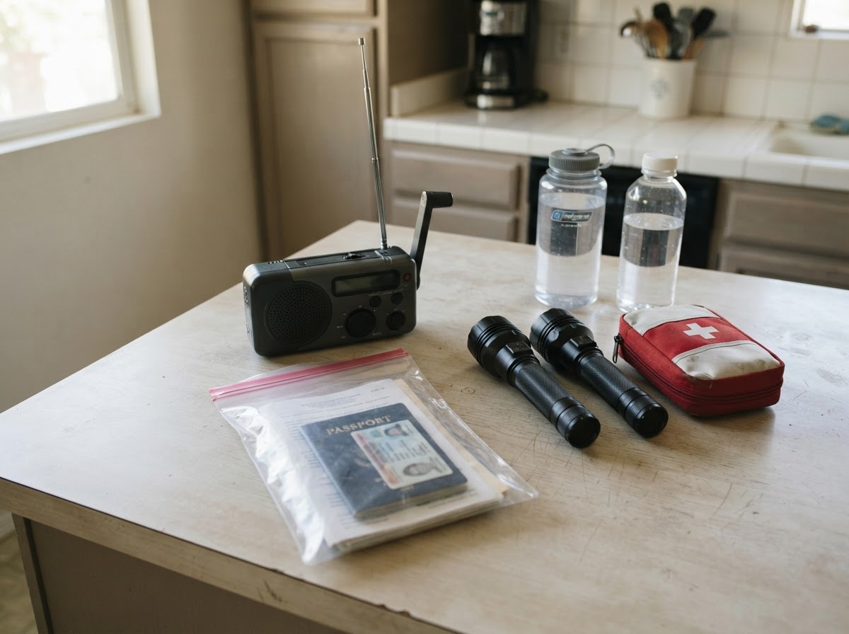 Emergency preparedness supplies and waterproof document pouch laid out on a kitchen counter.