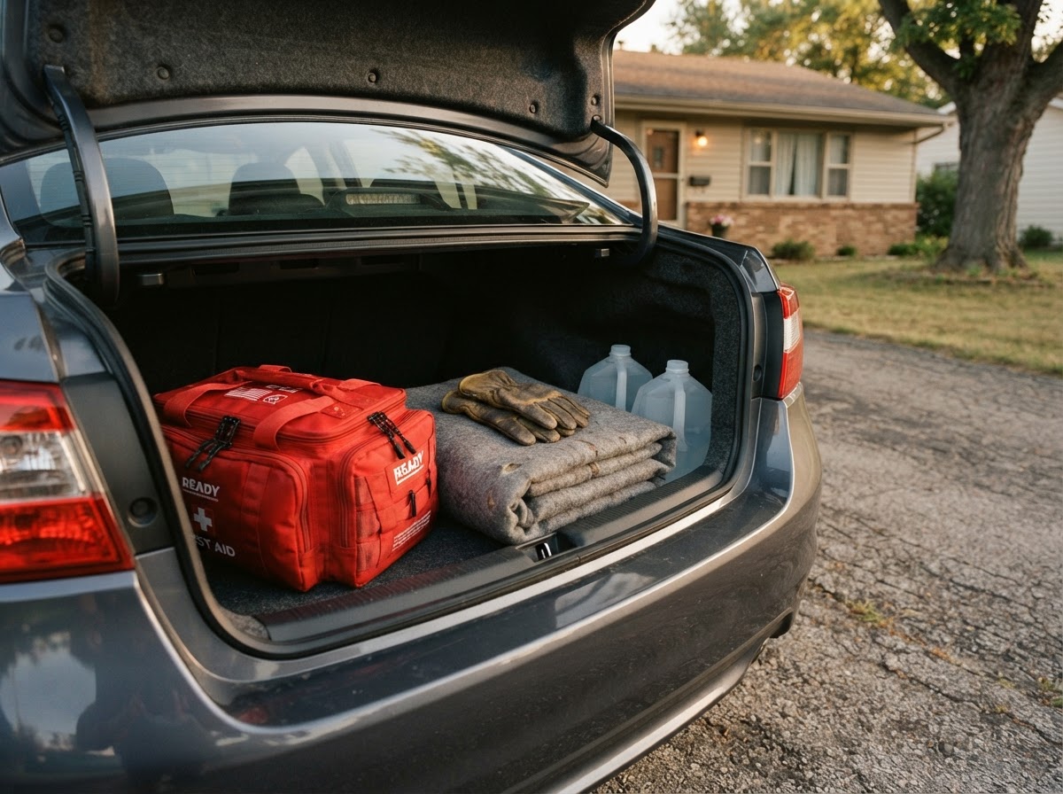Secondary emergency supply kit and bottled water packed in the trunk of a car.
