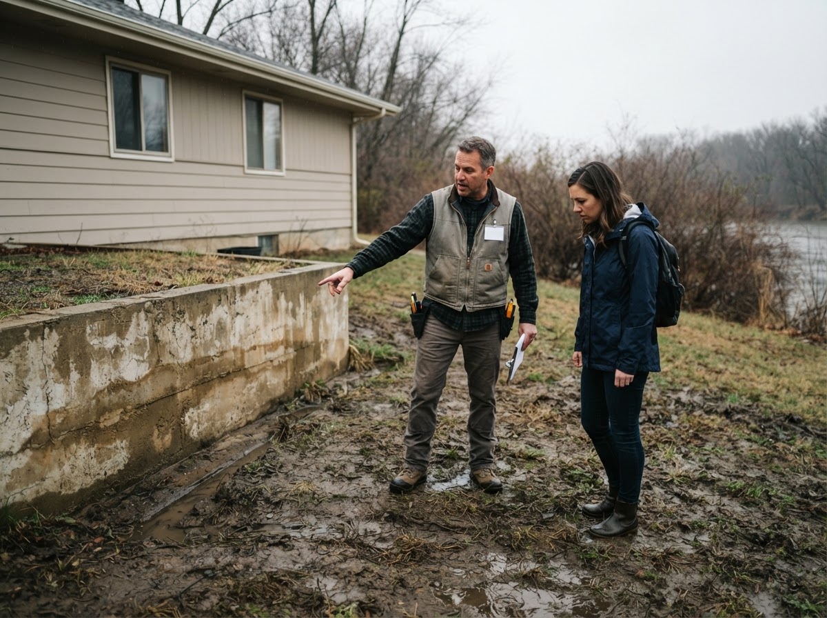 A home buyer and inspector examine drainage and past high-water signs at a riverside house.