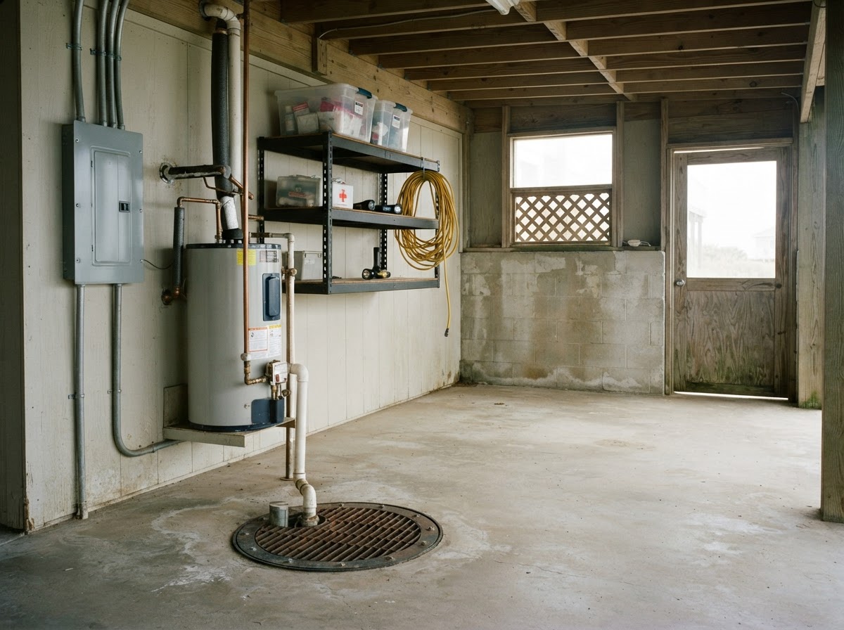 Elevated utilities, a sump pump, and raised emergency supplies reduce potential flood damage inside a home.