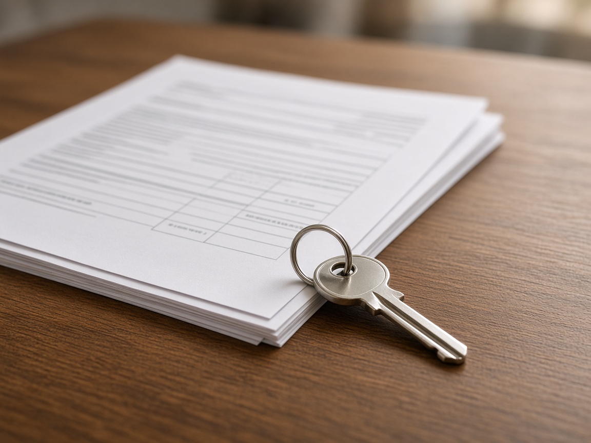 House key and closing papers on a table with unreadable print