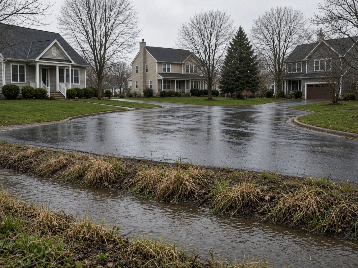 Residential cul-de-sac with a full roadside drainage ditch after rain