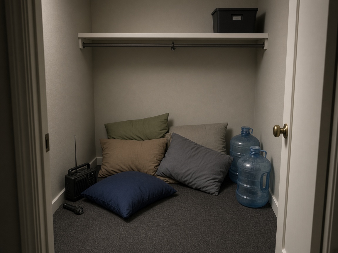 Interior closet set up as a hurricane shelter with radio and water
