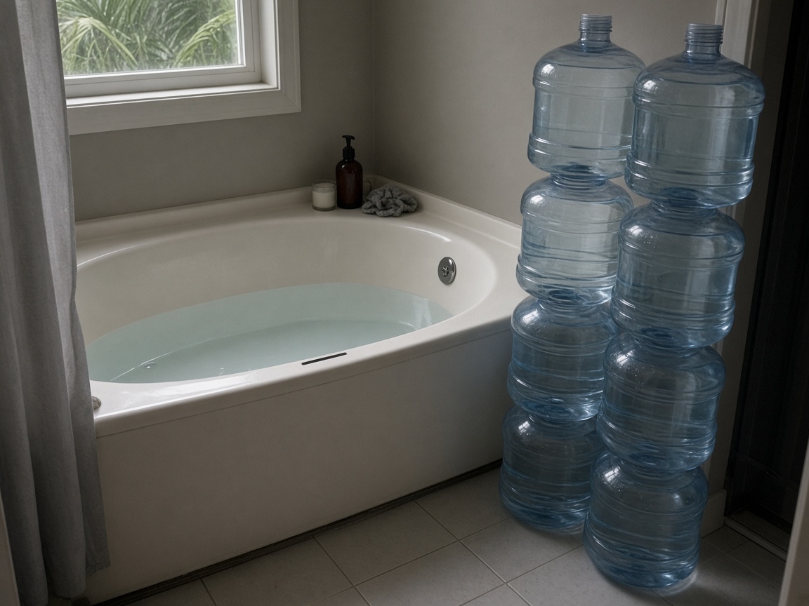 Bathtub filled and drinking-water jugs staged before a hurricane