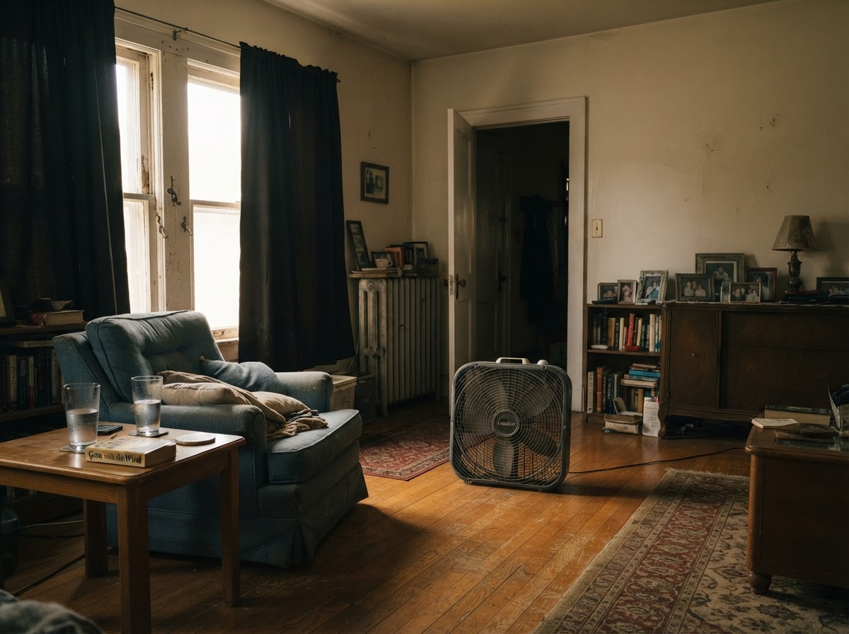 Living room with closed insulating curtains and a floor fan circulating air during a hot summer day.