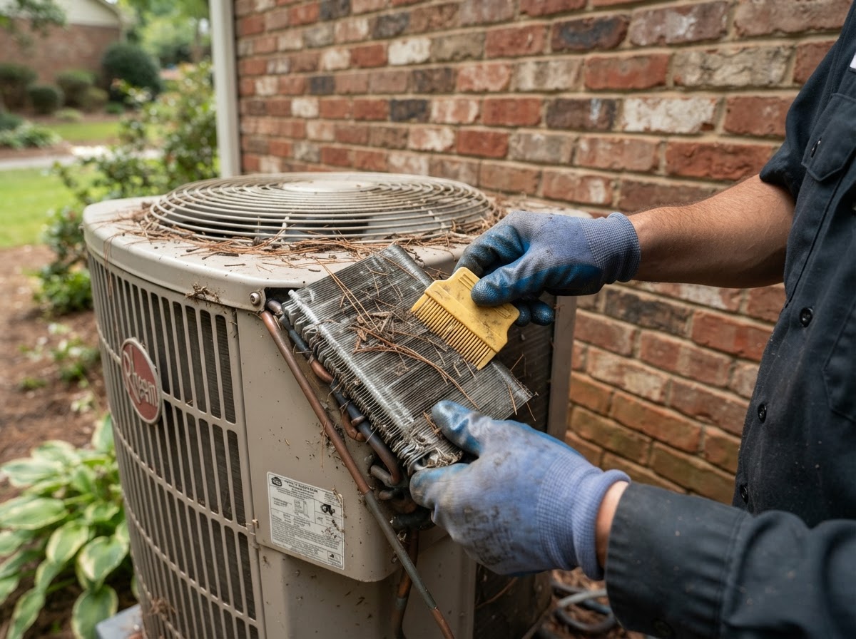Homeowner clearing leaves and straightening fins on an outdoor air conditioning condenser unit.