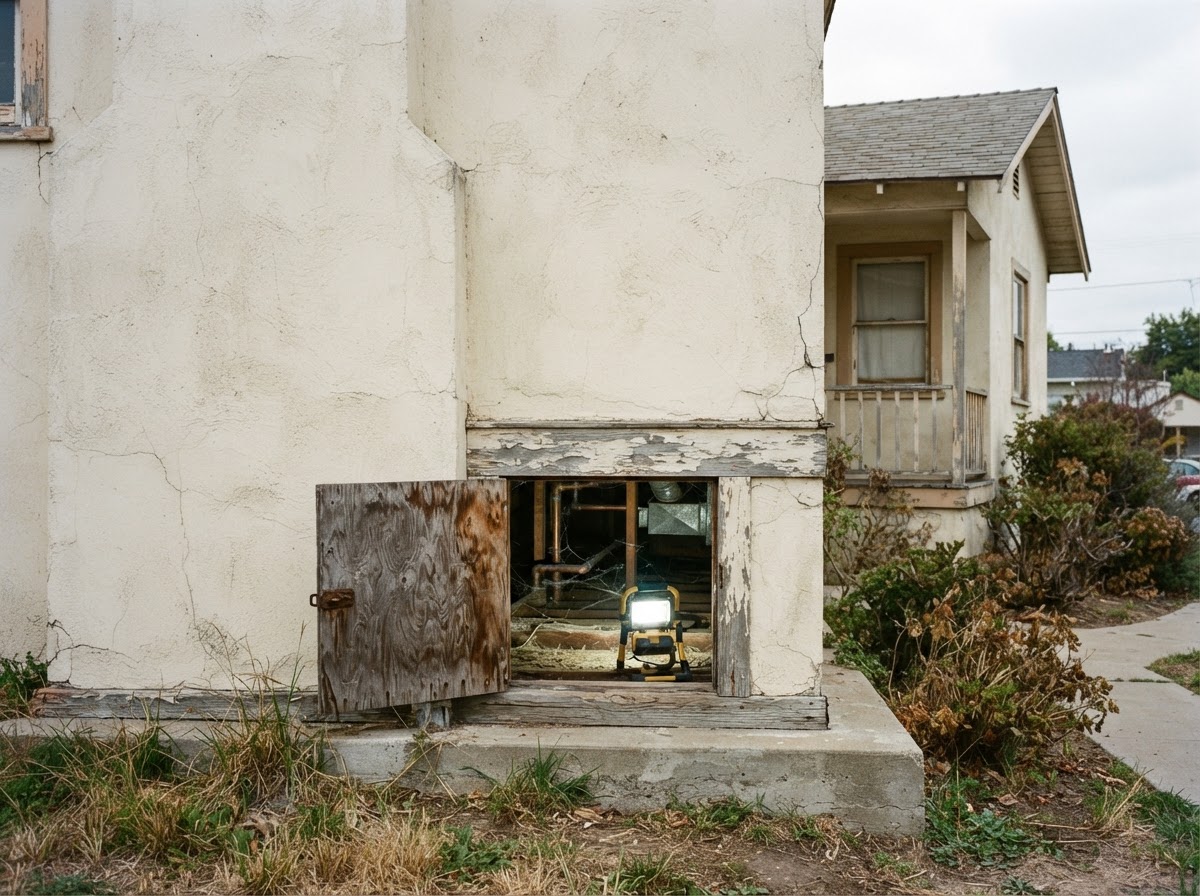 Exterior view of an older home foundation with an open crawlspace hatch revealing structural framing.