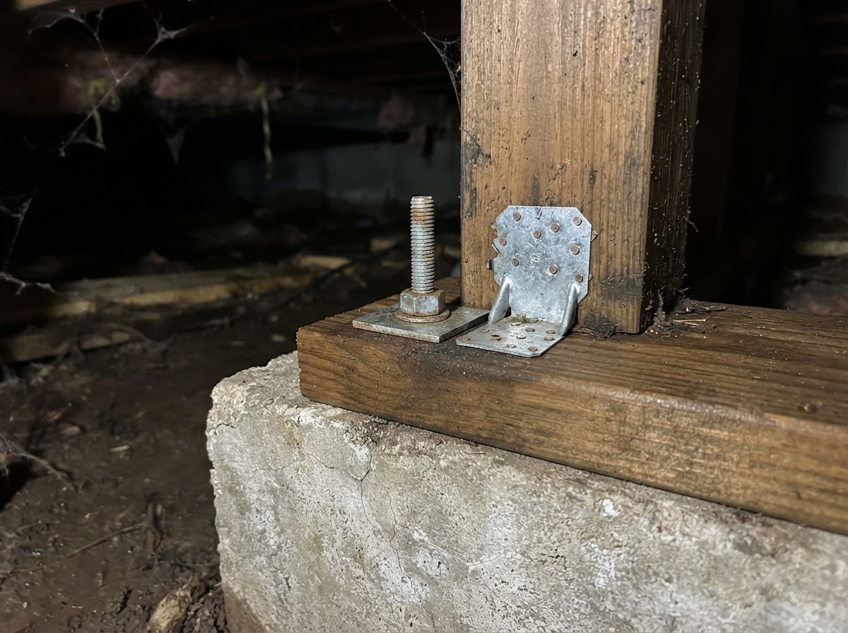 Close-up of a steel anchor bolt and plate washer securing a wood sill plate to a concrete foundation.