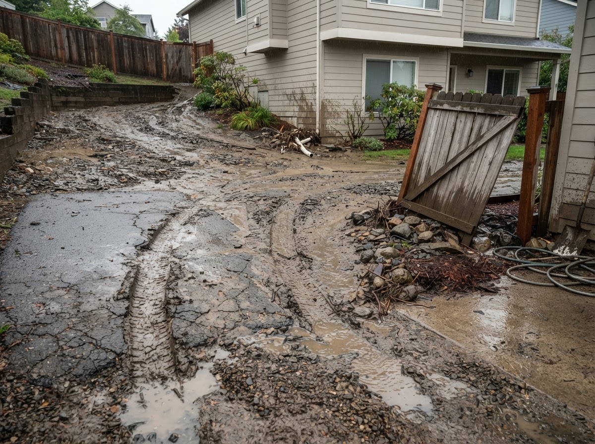Thick layer of mud and rock debris covering a residential driveway after a post-fire rainstorm.