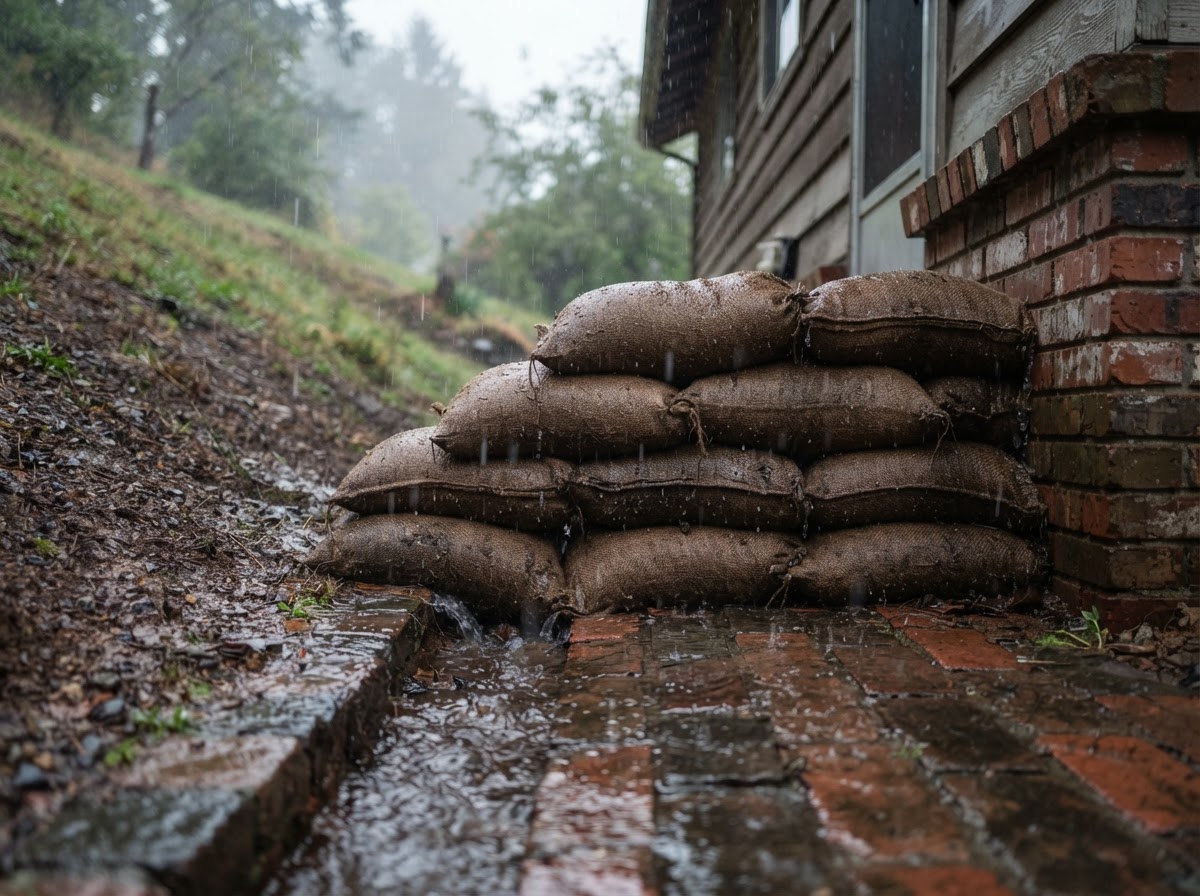 Stacked burlap sandbags diverting muddy rainwater runoff away from a home foundation.