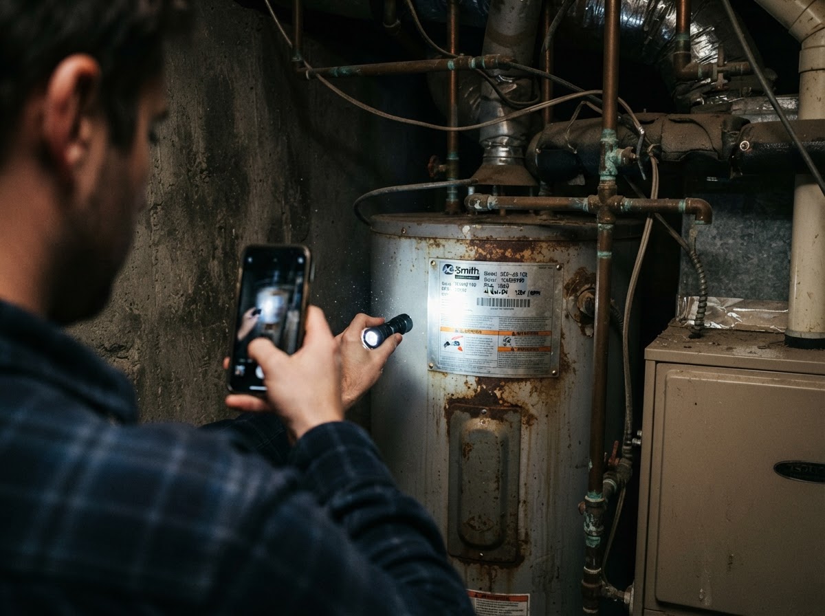 Close-up photograph of serial numbers on a home water heater and furnace equipment plate.
