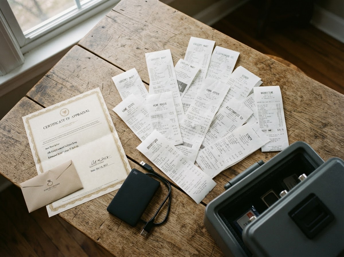 Appraisal documents and paper receipts organized on a table beside a waterproof fire-safe box.