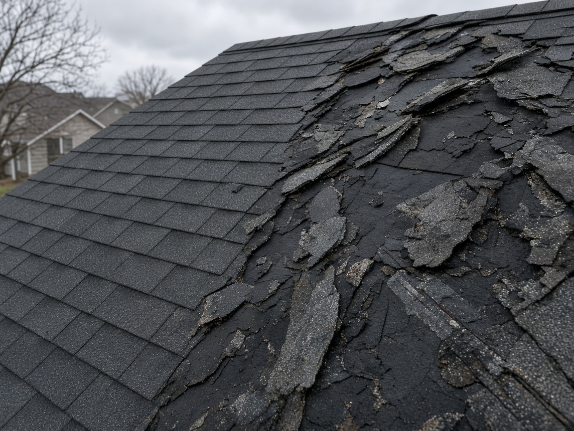 Wind-torn asphalt shingles on a suburban roof after a hurricane