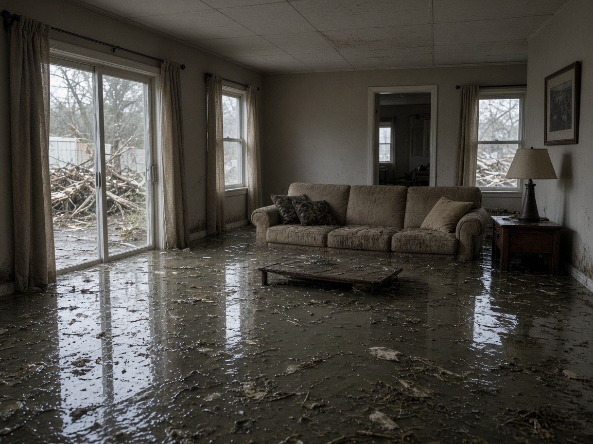 Standing water soaking a living-room carpet after a hurricane