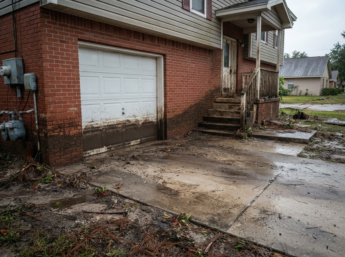 Exterior wall and garage of a brick home marked by a two-foot storm surge water line.