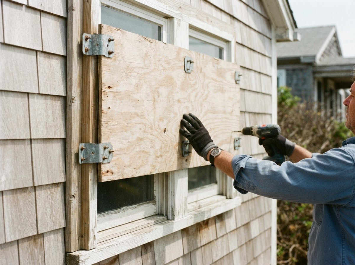 Plywood storm shutters and metal fasteners secured over a residential window before a hurricane.