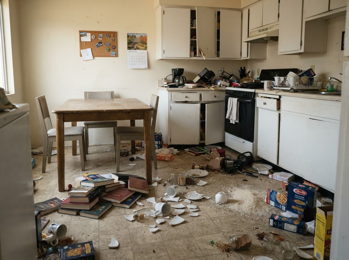 Fallen kitchen items and open cabinets across a linoleum floor in a rental home after an earthquake.