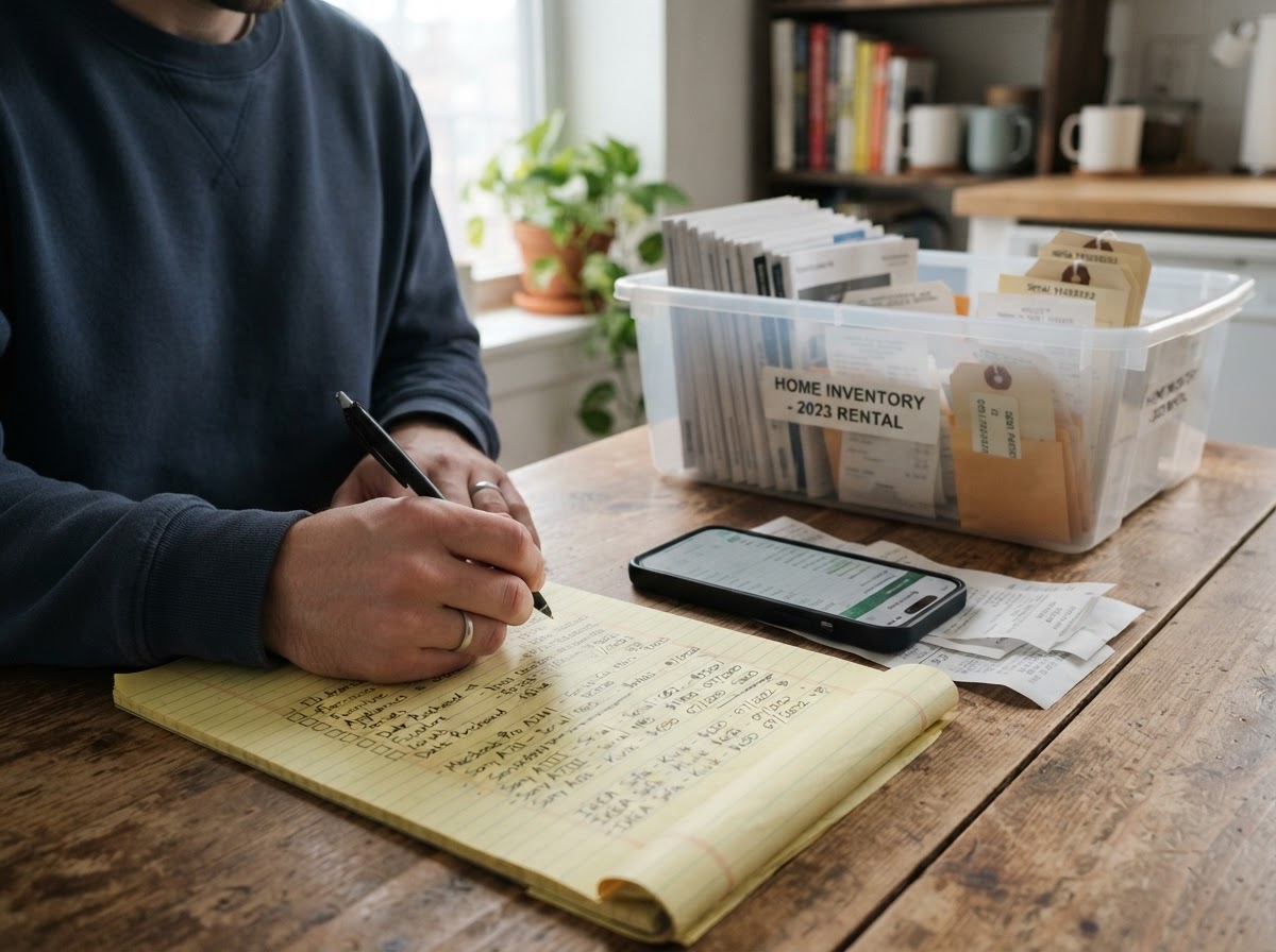 Renter keeping a written and photographic home inventory checklist at a kitchen table.