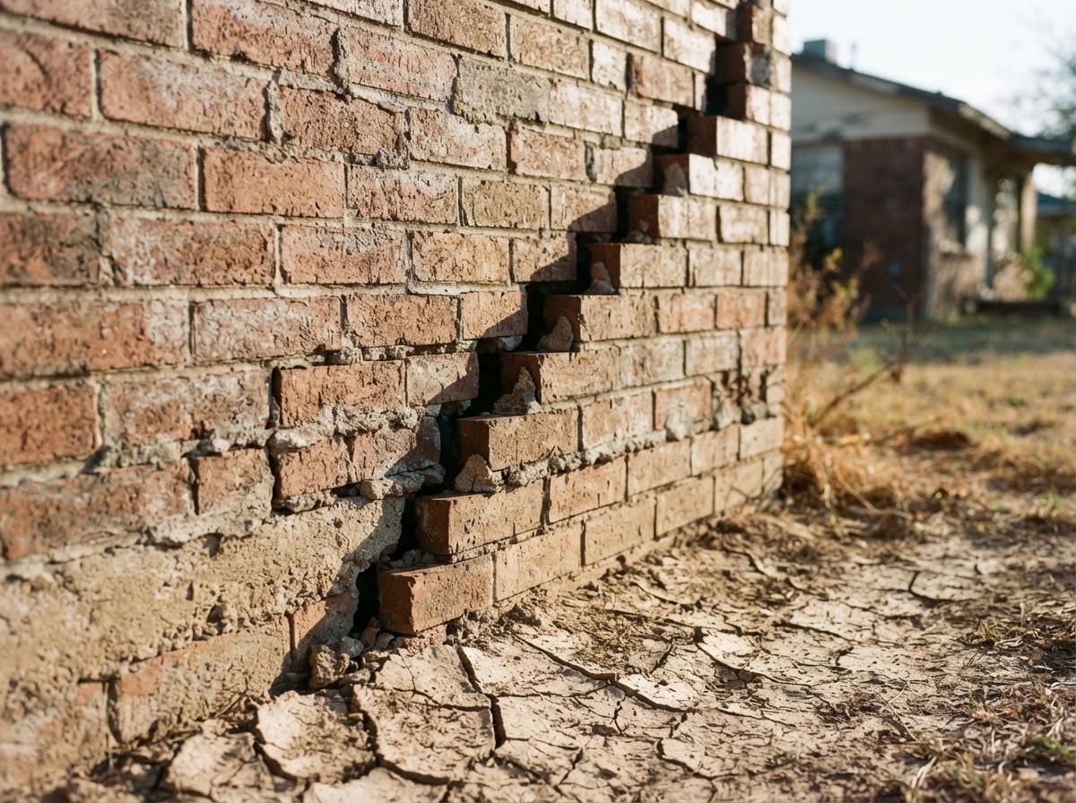Diagonal stair-step crack running through exterior brick mortar joints caused by foundation settlement.