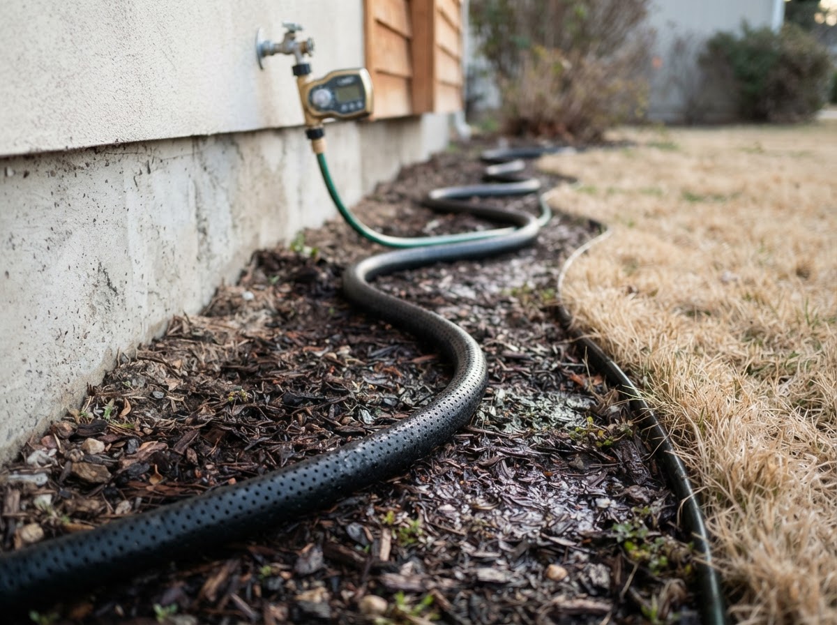Soaker hose positioned alongside a home foundation to maintain consistent soil moisture during drought.