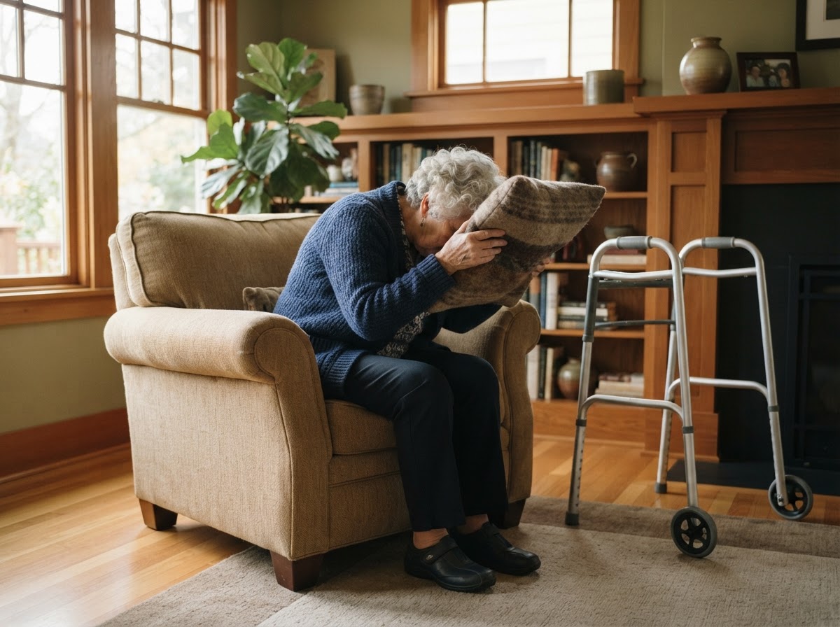 Older woman seated in an armchair protecting her head with a cushion during an earthquake safety drill.
