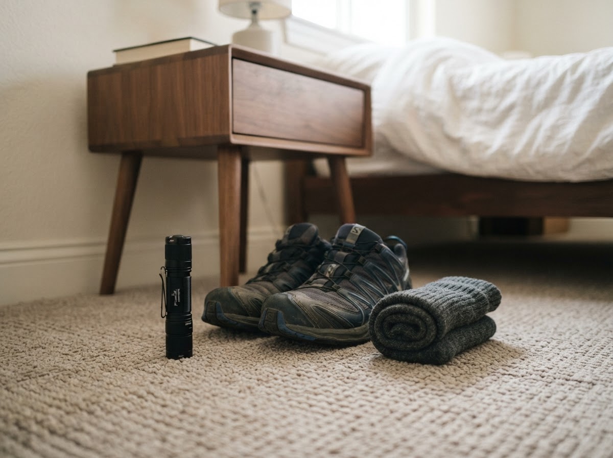 Sturdy shoes and a flashlight stowed neatly under a bedside table for fast nighttime earthquake response.