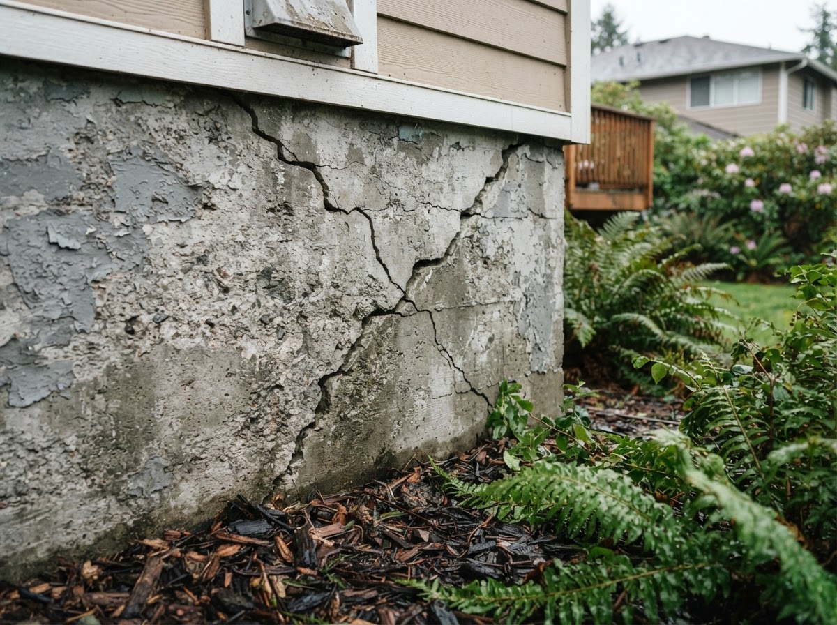 Close view of cracked concrete foundation along the base of a Pacific Northwest home.