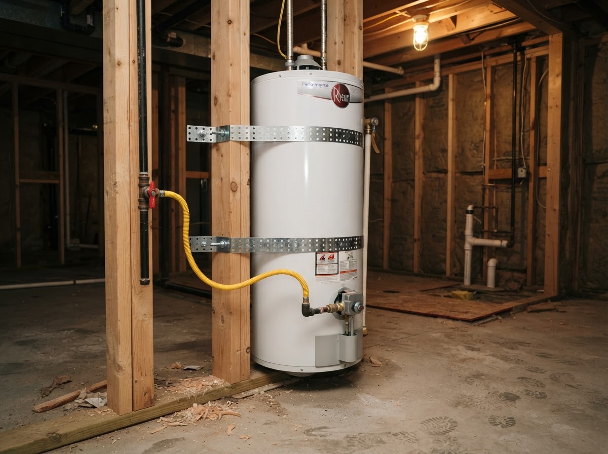 Water heater strapped to wooden wall framing with metal seismic bracing in an unfinished basement.