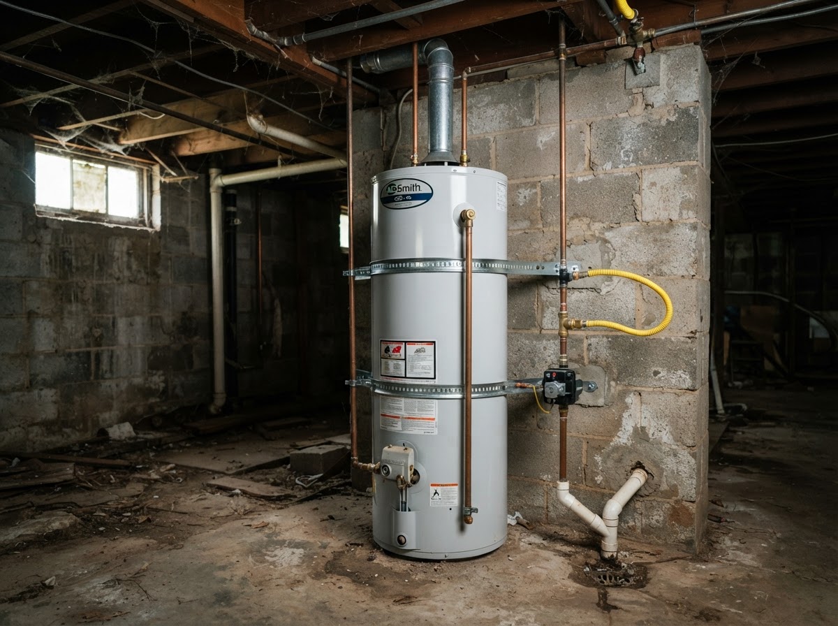 Residential water heater secured to a basement wall with galvanized steel seismic straps and a flexible gas pipe.