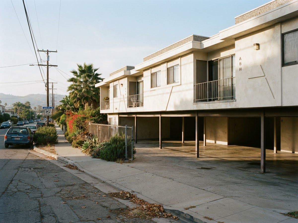 Two-story apartment building with ground-level parking beneath the upper living spaces.