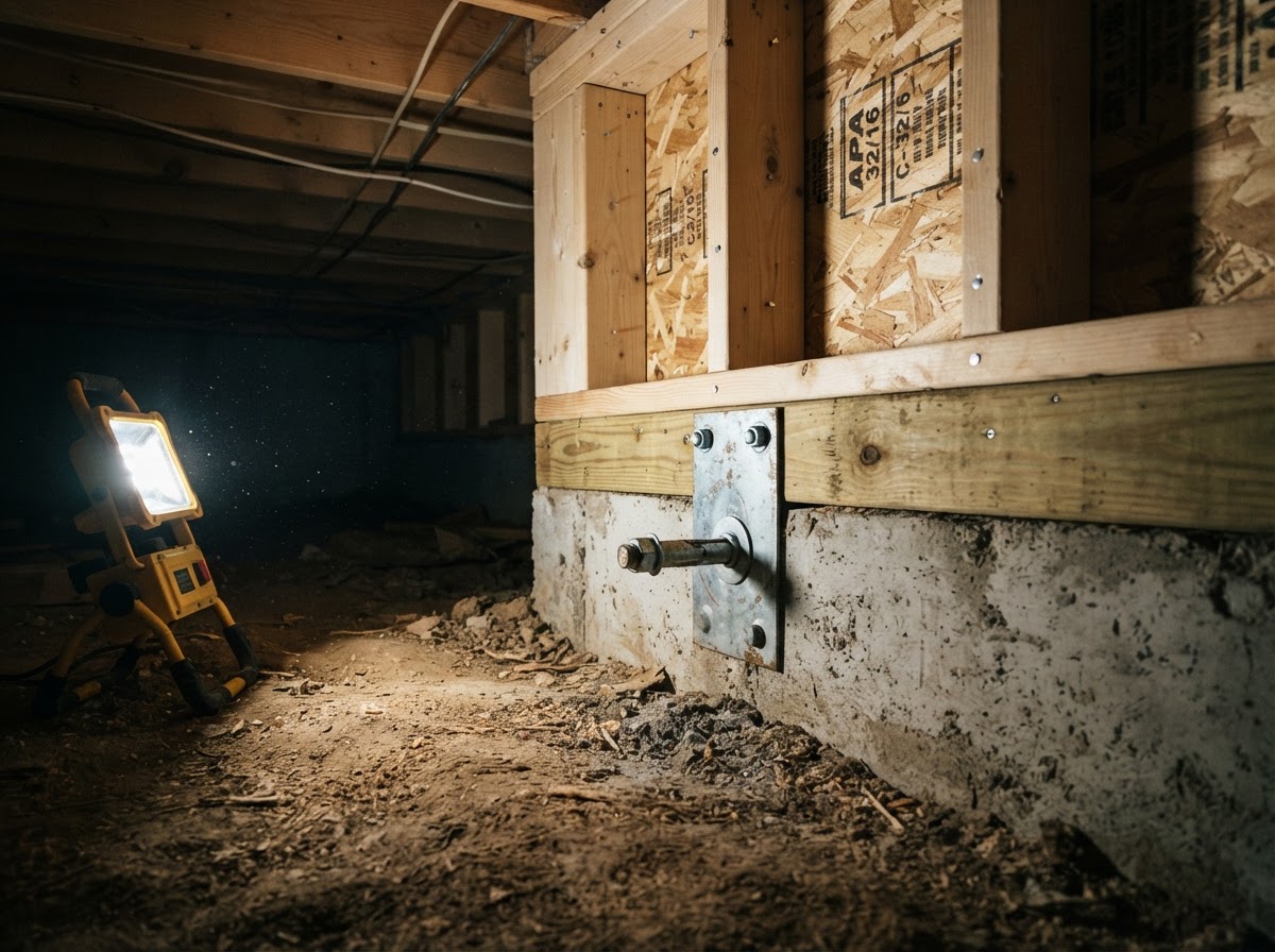 Fresh structural plywood and metal anchor plates installed on cripple wall framing inside a crawl space.