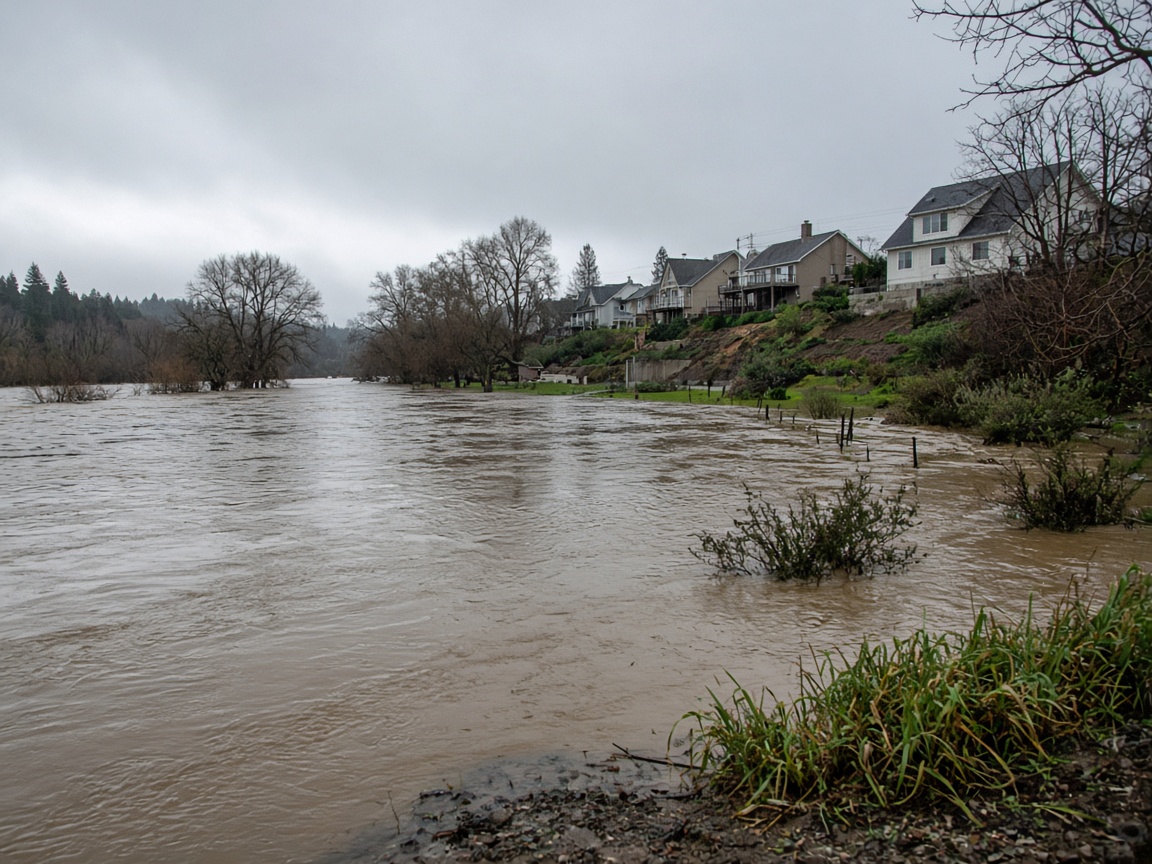 Flooded riverbank near houses after an atmospheric-river winter storm